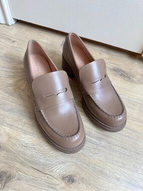 Cole Haan Taupe Leather Penny Loafers with Low Heel